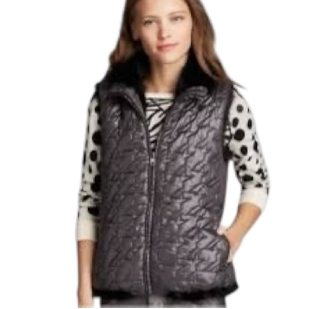 Andrew Marc New York Puffer Vest Womens Gray Ribbed Quilted Full Zip Pockets